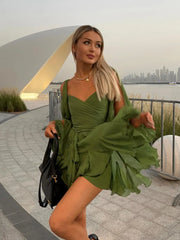 BXOXO Unique Split Long Sleeves V Neck Woman Soft Mini Dress Sexy Lady Pleated Hem Green Short Dresses New Fall Beach Party Vestidos