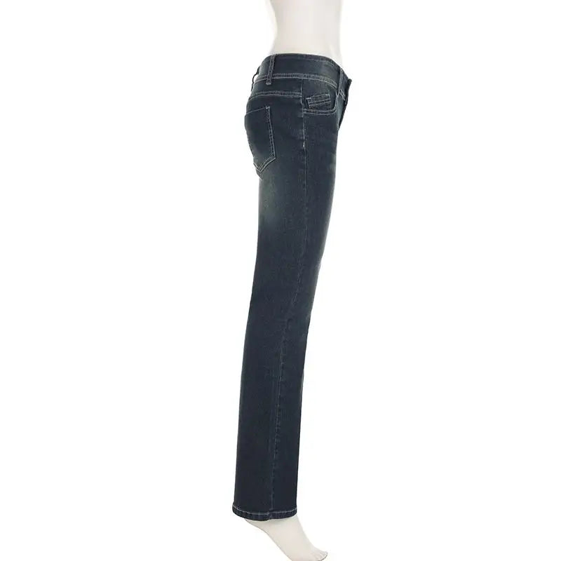 Bxoxo Vintage Washed Basic Flared Jeans Women Low Waist American Style Slim Denim Pants Button-up Trousers Casual Aesthetic