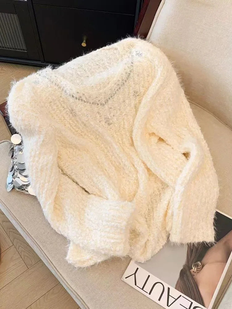 Bxoxo Pink Sweet Knitted Sweaters Women Fashion Lazy Wind Diamond Elegant Jumper Korean Chic Long Sleeve Loose Fall Winter Pullovers