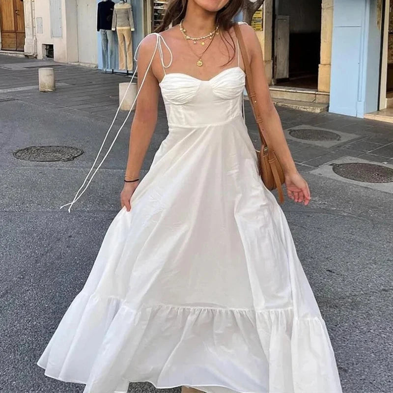 BXOXO Basic All-Match White Sling Dress Temperament High Waist Ruffled Dress Sweetheart Adjustable Bow Straps Thin Camisole Dress