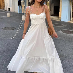 BXOXO Basic All-Match White Sling Dress Temperament High Waist Ruffled Dress Sweetheart Adjustable Bow Straps Thin Camisole Dress