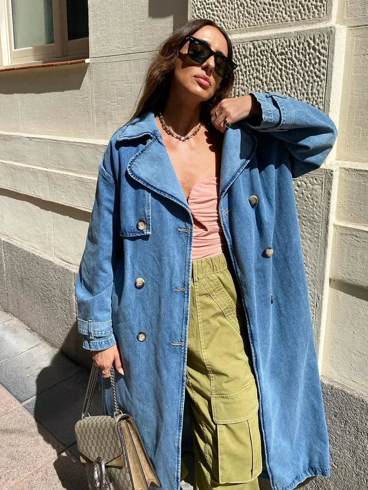 BXOXO X-Long Denim Trench Coats For Women Belt On Waist Slim Jean Coats Ladies Jaqueta Feminina Blue Jean Jacket Woman