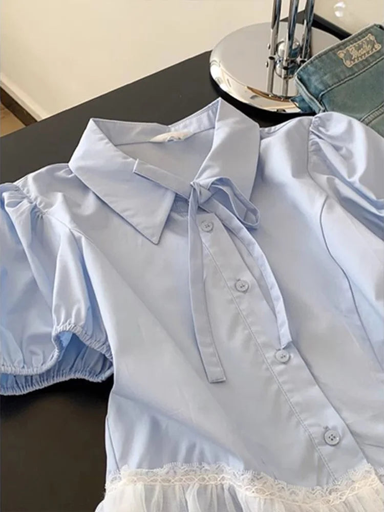 BXOXO Casual Sweet Blue Shirt Women Cute Lace Patchwork Bow Blouse Vintage French Preppy Style Short Sleeve Elegant Kawaii Tops