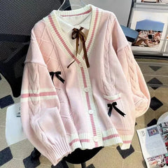 BXOXO Sweet Bow Knitted Cardigans Y2k Aesthetic All Match Contrast Color Coats Fashion Single Breasted Women Kawaii JK Sweaters Jumper