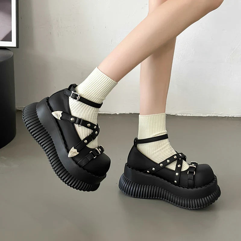 BXOXO Y2K Girls Mary Janes Pumps Buckle Thick Weges Round Toe Platform Shoes Cute Sweet  Lolita  Classic Brand Pumps