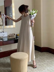 Bxoxo Summer Chic Hollow out Bal Midi Dr round Ne Svel Dr Ele Korean Sle Loose Waist A-Line Skirt Dr