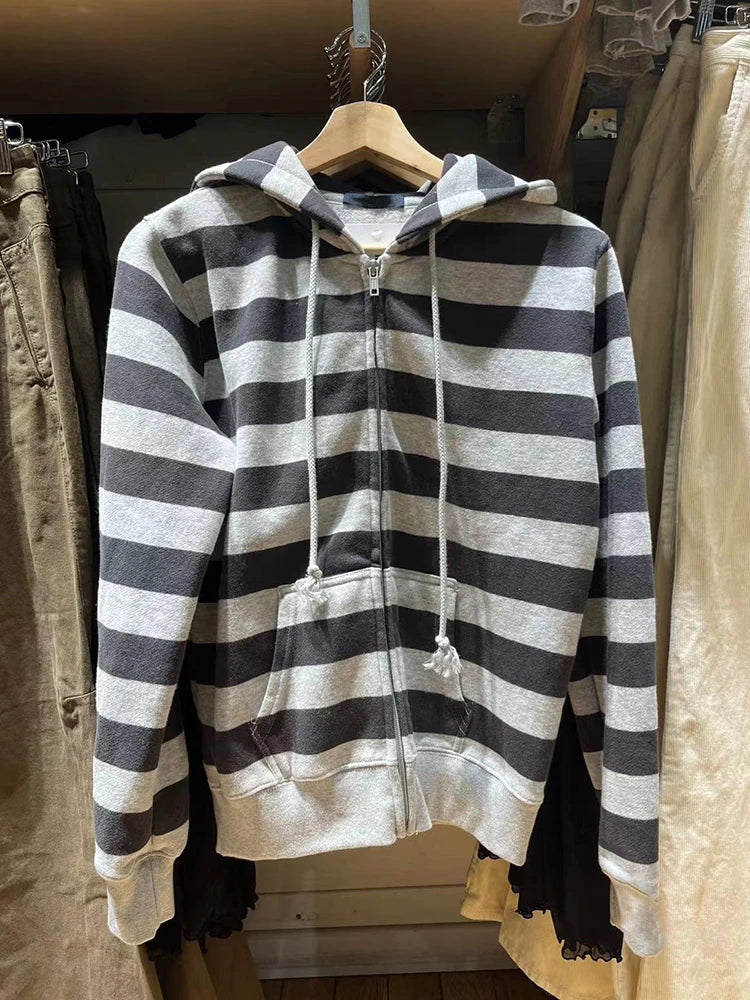 Bxoxo Striped Patchwork Zip-up Hoodie Autumn Cotton Pocket Drawstring Hooded Sweatshirt Women Y2k Streetwear Vintage Loose Tops Jacket
