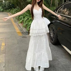 Bxoxo New 2025 Floral Bud Two-Piece Set Cold Tone Elegant Spring Halter Skirt Set Gentle Style Women's Cotton Floor-Length Skirt