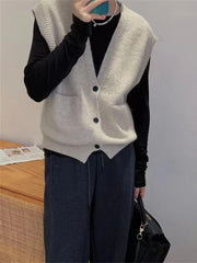 Bxoxo Knitted Cardigan Vest 2025 Autumn Lazy Style Women's Solid Sleeveless V-neck Single Breasted Pocket Sweater Female Knitwear Tank