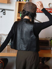 Bxoxo Black Pu Leather Vest for Women Autumn Casual Single Breasted O Neck Crop Jacket Y2K Vintage Loose Streetwear Sleeveless Outwear