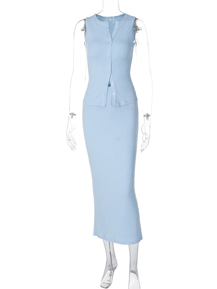 Bxoxo Matching Suit Sleeveless Ribbed Single-Breasted Top Shirt Maxi Skirt 2024 Spring Summer Women'S Clothing Sexy Streetwear