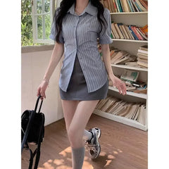 Bxoxo Stripe Short-sleeved Shirt American College Style Waist Cinched Shirt for Women Summer Fashion Spicy Girl JK Short Sleeved Top