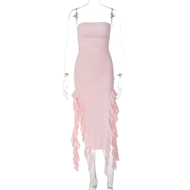 BXOXO Sexy Tassel Fairy Dress Aesthetic Tube Tops Summer Irregular Midi Dresses Elegant Beach Party Outfits Women's Robe Vestidos