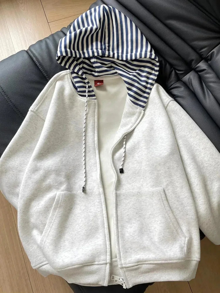 Bxoxo Striped Patchwork Vintage Hoodies Women Loose Harajuku Long Sleeve Retro Sweatshirts Casual American Streetwear Pockets Bf Tops