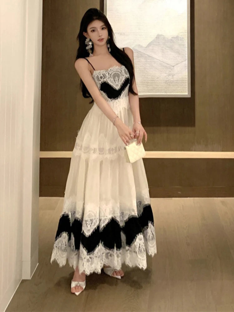 BXOXO Vintage Fashion Women's Black Beige Patchwork Elegant Pleated Evening Party Dress French Summer Sleeveless Backless Slip Dresses