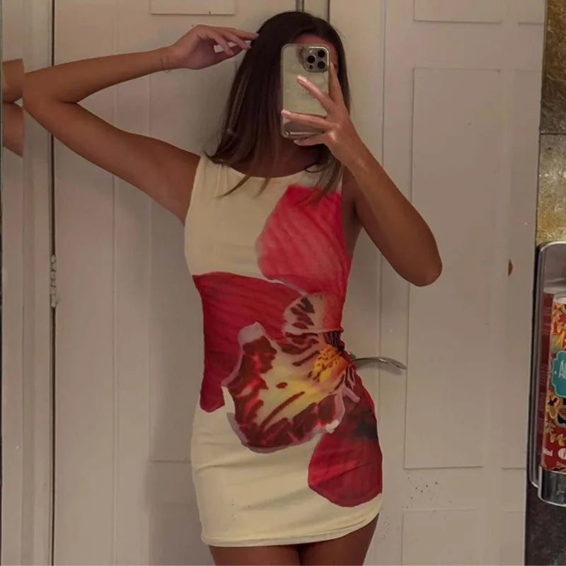 BXOXO Mesh Floral Print Sexy Mini Dress Women Robe Summer New O Neck Sleeveless Slim Beach Holiday Bodycon Club Dress
