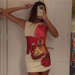 BXOXO Mesh Floral Print Sexy Mini Dress Women Robe Summer New O Neck Sleeveless Slim Beach Holiday Bodycon Club Dress