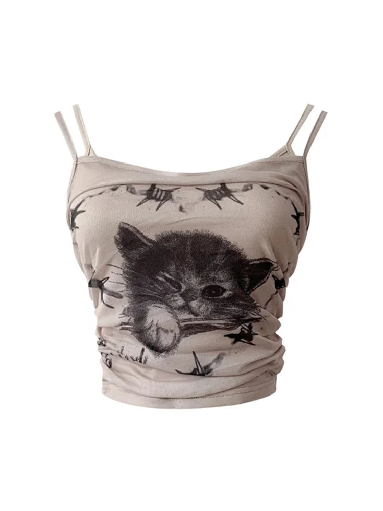 Bxoxo Summer Women Dark Academia Coquette 2000s Aesthetic Bodycon Camisole Gyaru Fake Two Pieces Crop Tops Hot Sexy Kpop Kawaii Y2k