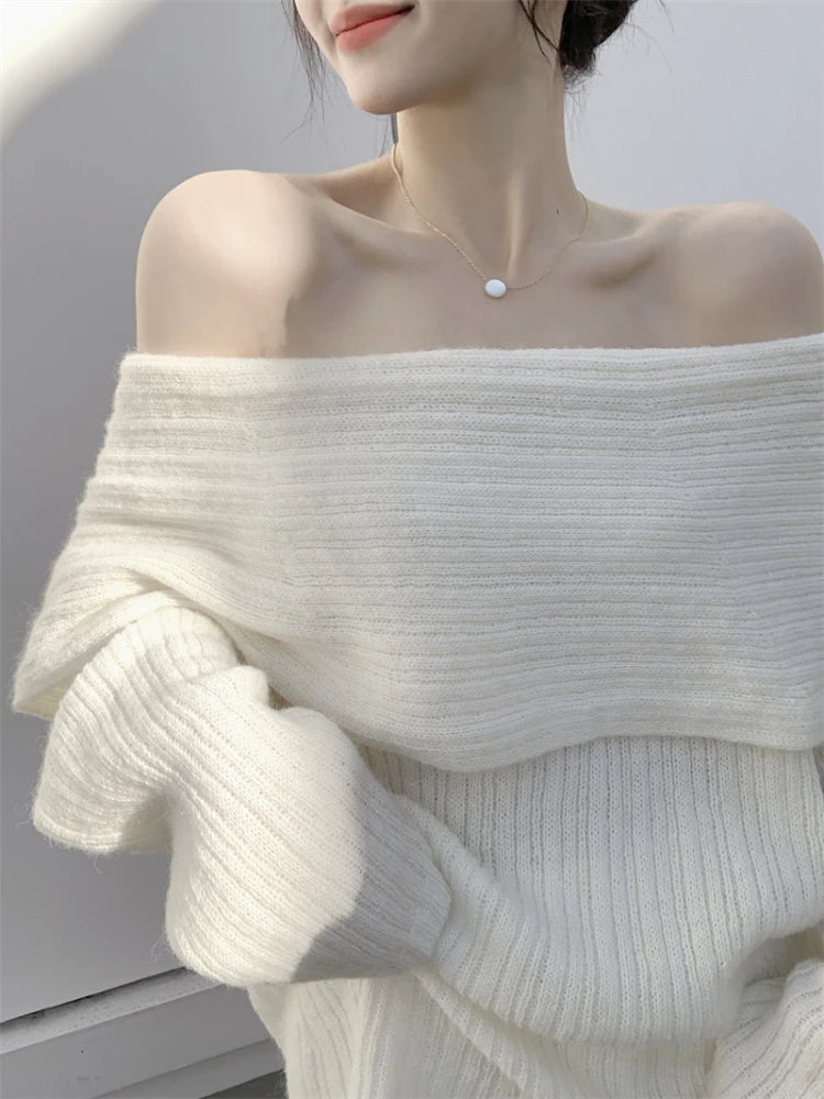 Bxoxo Autumn Design Sexy White Knitted Sweater Women Long Sleeve Pure Color Korean Fashion Y2k Clothing Elegant Pullover Female