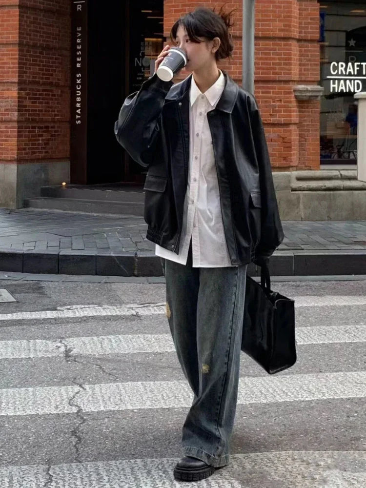 BXOXO Vintage PU Leather Jacket Women High Street Techwear Oversized Moto Biker Coats BF Punk Loose Casual Cropped Outerwear