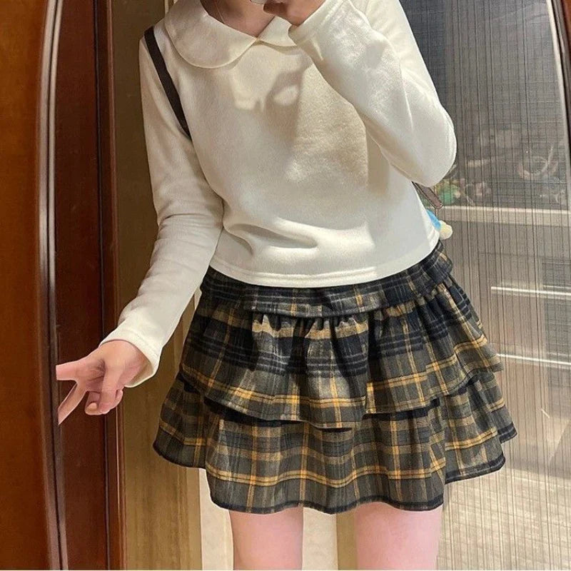 BXOXO Plaid Ruffle Mini Skirt Women Kawaii Japanese Style Harajuku Vintage Short Skirts Cutecore Street Pleated Layered Skirt