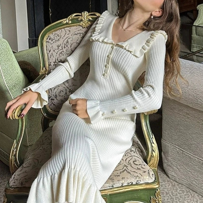 Bxoxo Elegant Knitted Long Skirt Women Black Vintage Long Sleeve Party Dresses Sweet Ruffle Patchwork Sweater Maxi Dress Slim