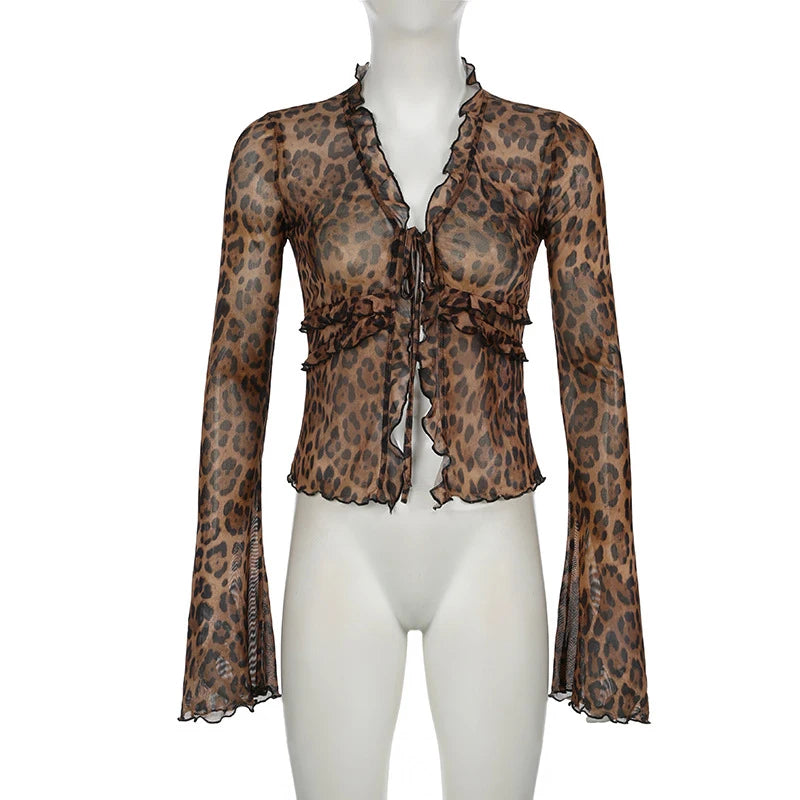 Bxoxo Leopard Shirt y2k Clothing Women Front Tie-up Ruffled Trim Flared Long Sleeve Mesh Blouse Top Grunge Clothes Streetwear
