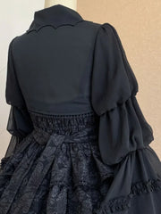 BXOXO Gothic Lolita Cardigan Blouse Women Loose Puff Sleeve Lace Patchwork Black Cropped Shirts Japanese Harajuku All Match Capes Top