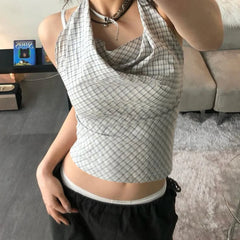 Bxoxo Summer Retro Plaid Print Halter Tank Top y2k Aesthetic Sleeveless Lace-up Backless Cropped Tops Women Vintage 2000s Vest