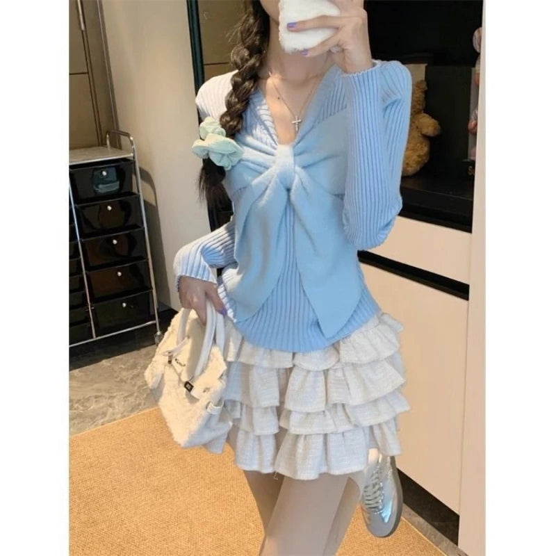 Bxoxo Korean Style Sweet Knitted Pullovers Women Elegant Kawaii Bow White Sweaters Harajuku Cute Blue Long Sleeve Jumpers