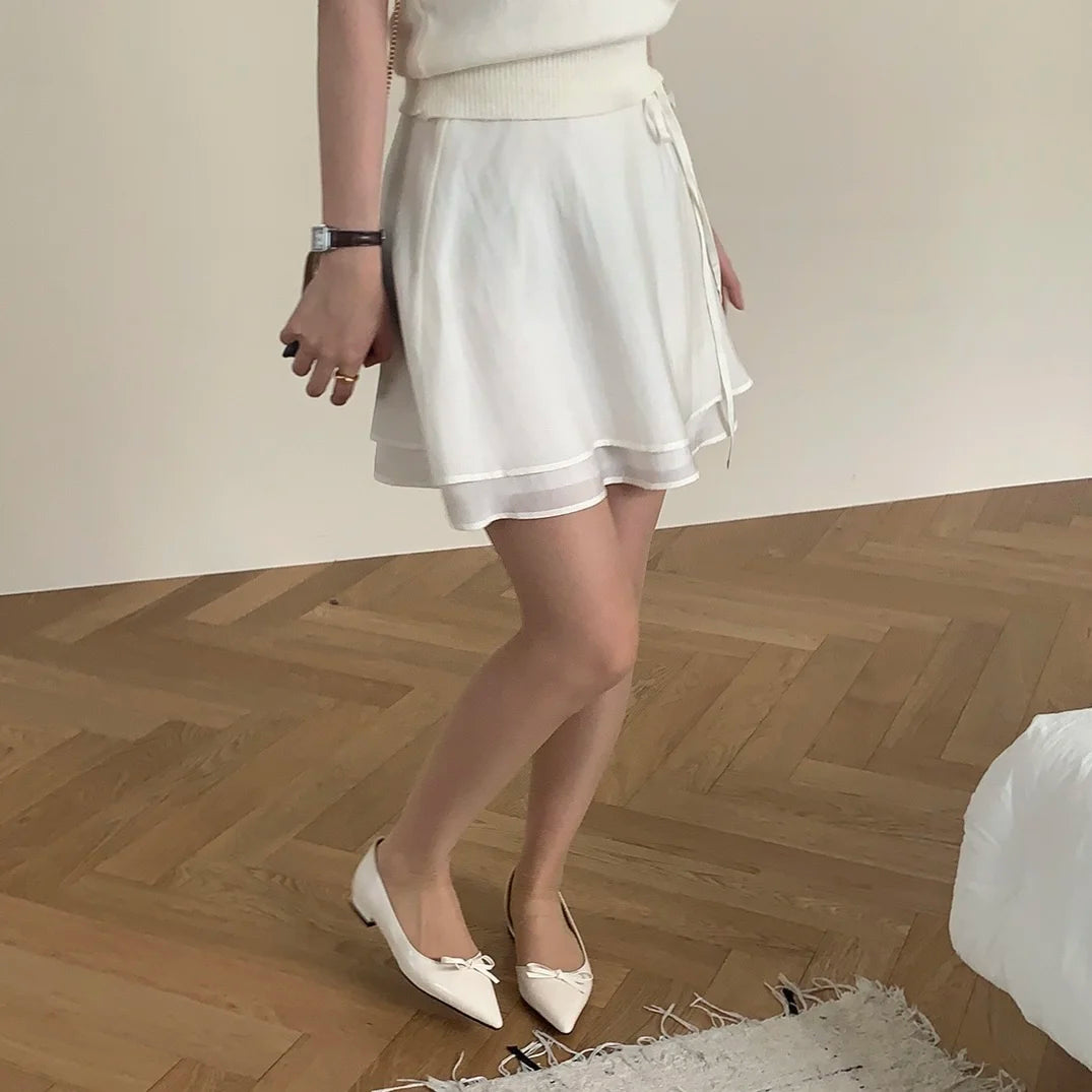 Bxoxo Summer New Sweet Agel Bow Tie Versatile  Skirt High Waist Polyester Fiber Pleated ort Skirt for Young Women