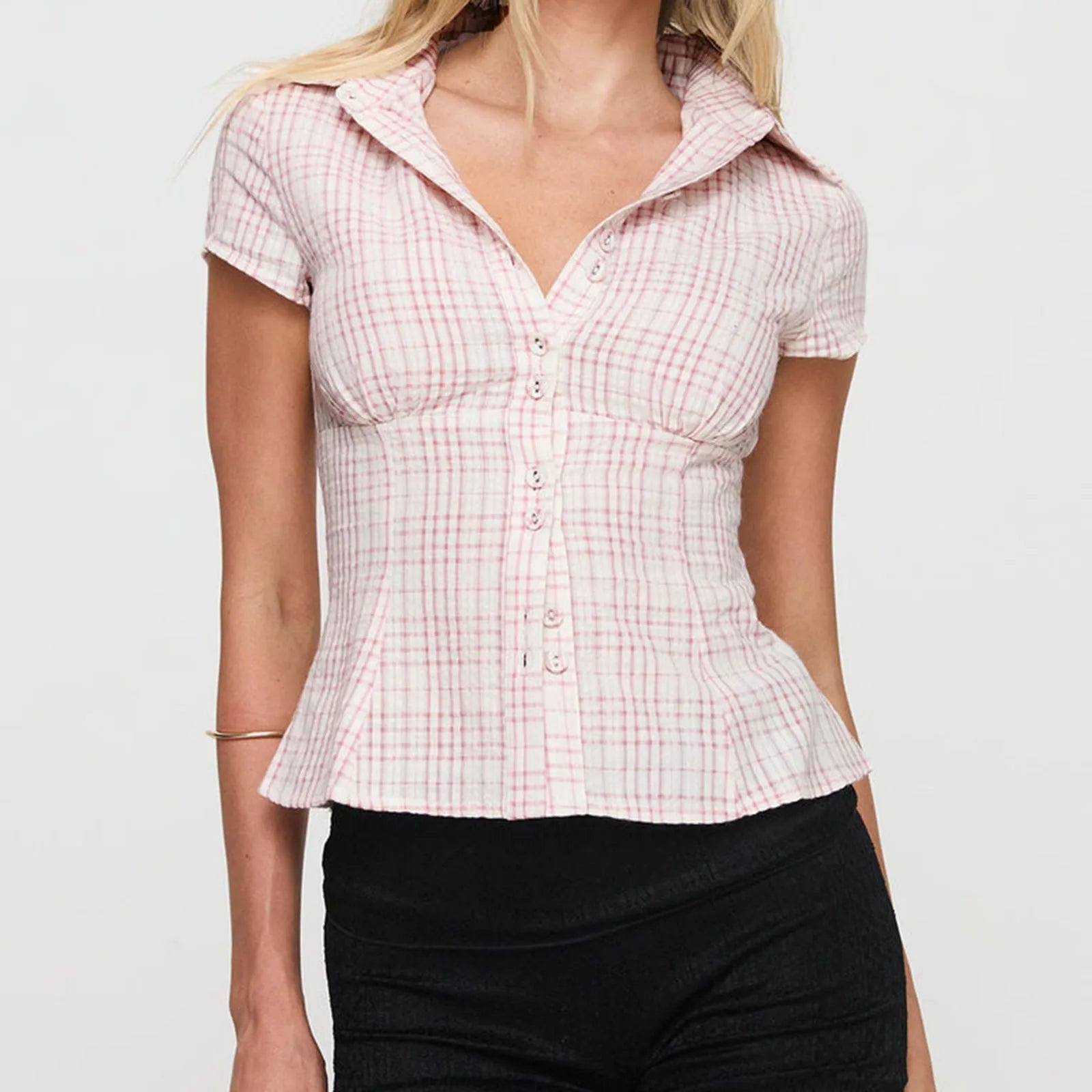 BXOXO Women's Y2K Short Sleeve Plaid Button Down Shirt Button Down Blouses Tops Casual Summer Shirt Tops 90s Streetwear