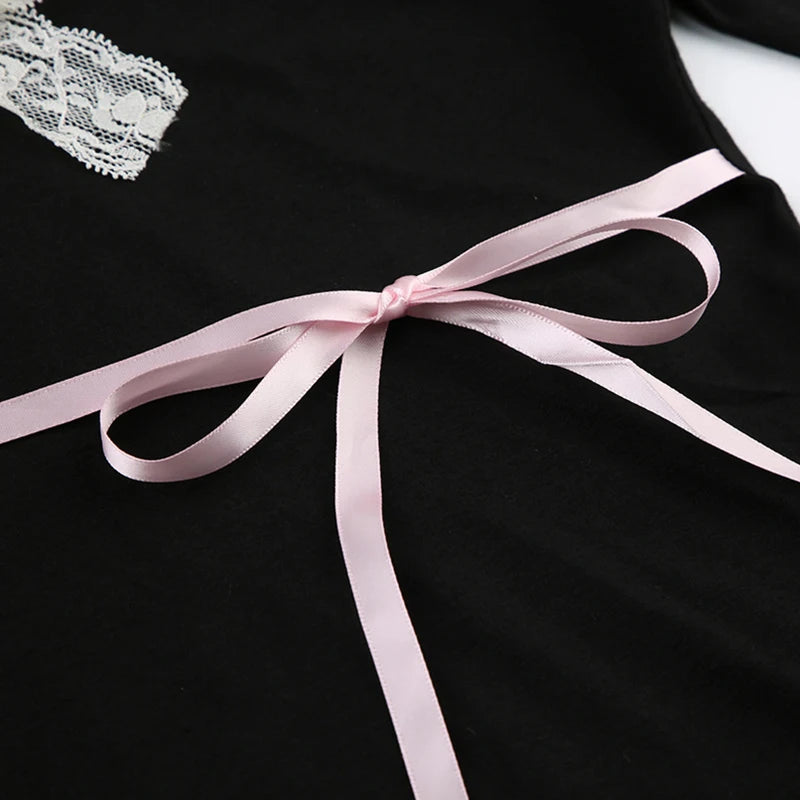 Bxoxo Fairy Grunge Top y2k Women Clothes Lace Trim V Neck Long Sleeve T Shirt with Bow Coquette Clothing 2000s Streetwear