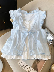 Bxoxo Blue Plaid irt-Like Two-Piece Women's Summer Thin Doll irt Beautiful Bow-Tie Fly Sve Sweet Sle Loose Fit Polyester F...