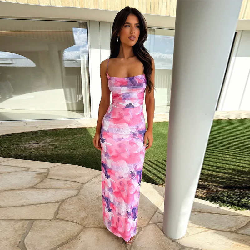 BXOXO Women's Elegant Directional Design Dress 2024 New Printed Pocket Neck Halter Dress Long Dress