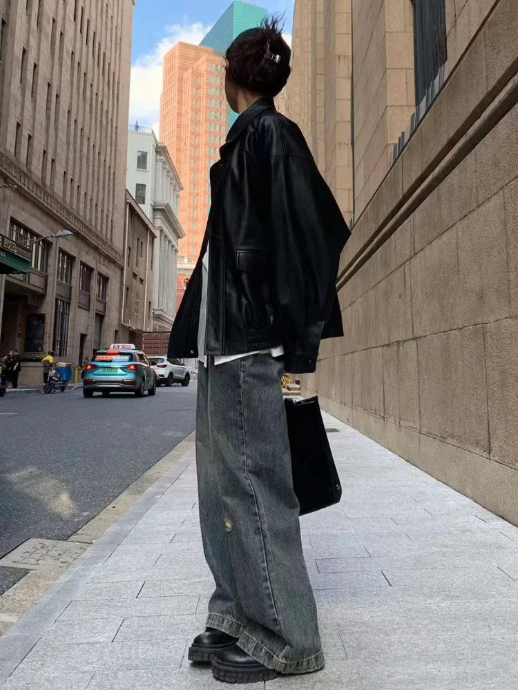 BXOXO Vintage PU Leather Jacket Women High Street Techwear Oversized Moto Biker Coats BF Punk Loose Casual Cropped Outerwear