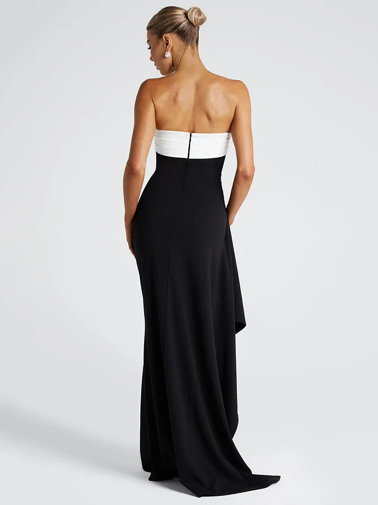 BXOXO Off-shoulder Strapless Sexy Maxi Dress For Women Contrast Color Patchwork Sleeveless Backless Thigh High Split Dress