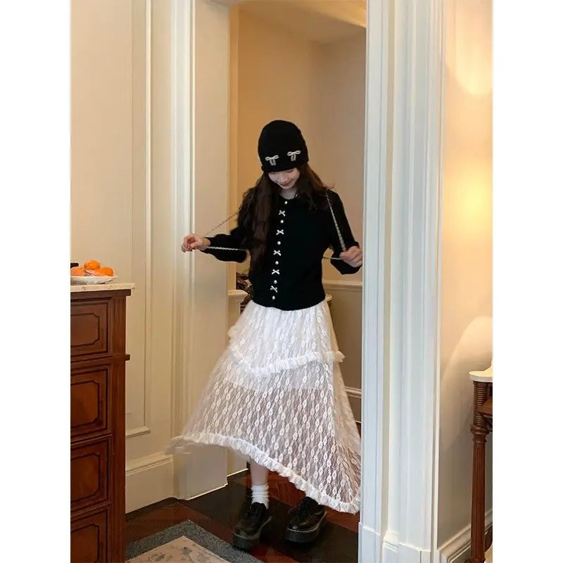 BXOXO Lace Fairycore Tulle Women Skirt Sweet Ruffle White Skirts Vintage Korean Style Streetwear Patchwork Irregular Skirt