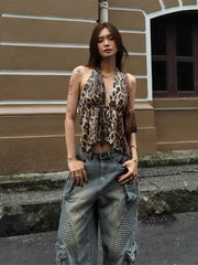 BXOXO Sequins Leopard Print Women Vest Backless Halter v-Neck Lace-Up Sleeveless Street Skinny Summer Trend Versatile Tops