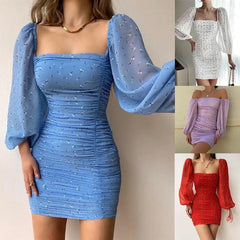 BXOXO Women Fashion Dresses French Square Neck Puff Sleeve Pleated Tight Chiffon Print Mini Dress