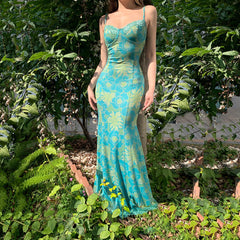 BXOXO Women Floral Spaghetti Strap Dress Slim Sweetheart Neck Sleeveless Long Bodycon Fishtail Dress for Party Club