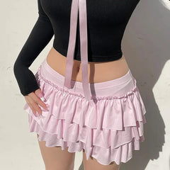 BXOXO Bow Sweet A-Line Skirts Women Sexy Slim Low-Waist Casual Mini Skirts Y2K Female Summer Fashion Streetwear All-Match Pink Skirts