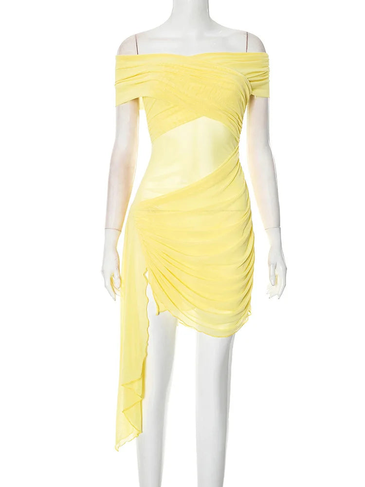 BXOXO Off-shoulder Strapless Sexy Mini Dress For Women Fashion Irregular Mesh Beach Holiday Draped Ruched Bodycon Dress