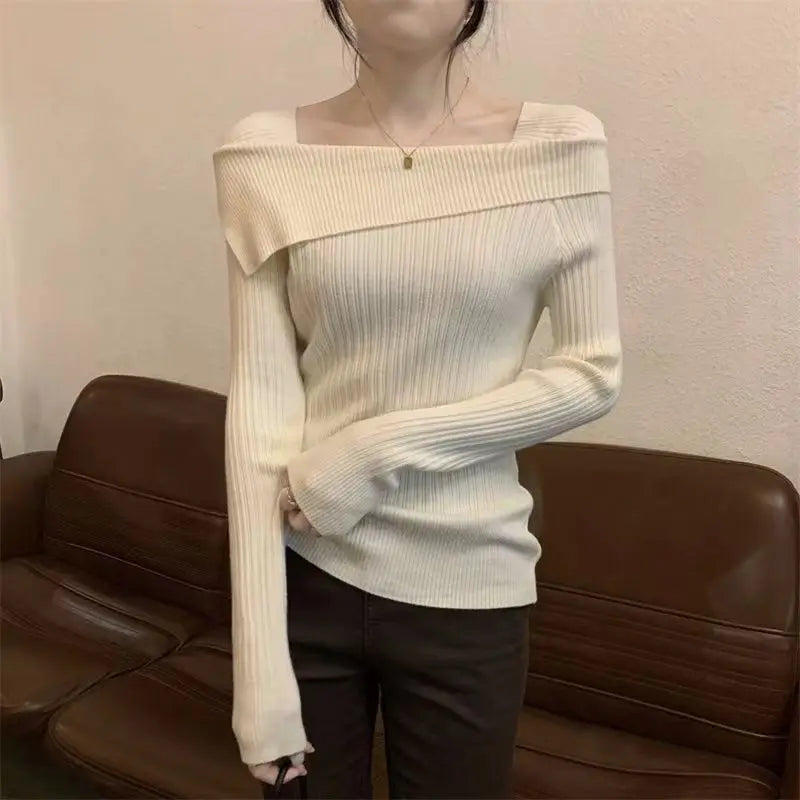Bxoxo Women Off Shoulder Knit Sweater Slash Neck Long Sleeve Slim Knitwear Jumpers Office Sweater For Women 2024 Autumn Winter
