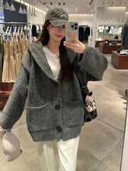 Bxoxo Korean Knitted Hoodie Sweater Women Autumn New Loose Lazy Style Long Sleeve Cardigan Fashion Single Breasted V Neck Knit Coats