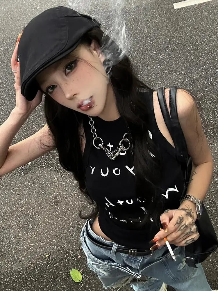 Bxoxo  Vintage Print Tank Tops Women Sleeveless Shirred Pleats Crop Tops American Retro 90s Vest Tops Y2k Japanese Tee Tops