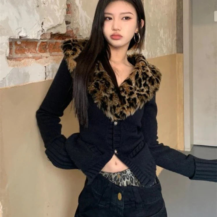 BXOXO American V-neck Leopard Print Fur Collar Cardigan Autumn Winter New Sweaters Coat Women Y2k Slim Fit Long Sleeve Tops Mujer