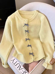 Bxoxo Cute Bow Women Cardigan Long Sleeve Lazy Wind Sweet Knitted Sweater Casual Loose Preppy Style Vintage Lady O Neck Fall Tops