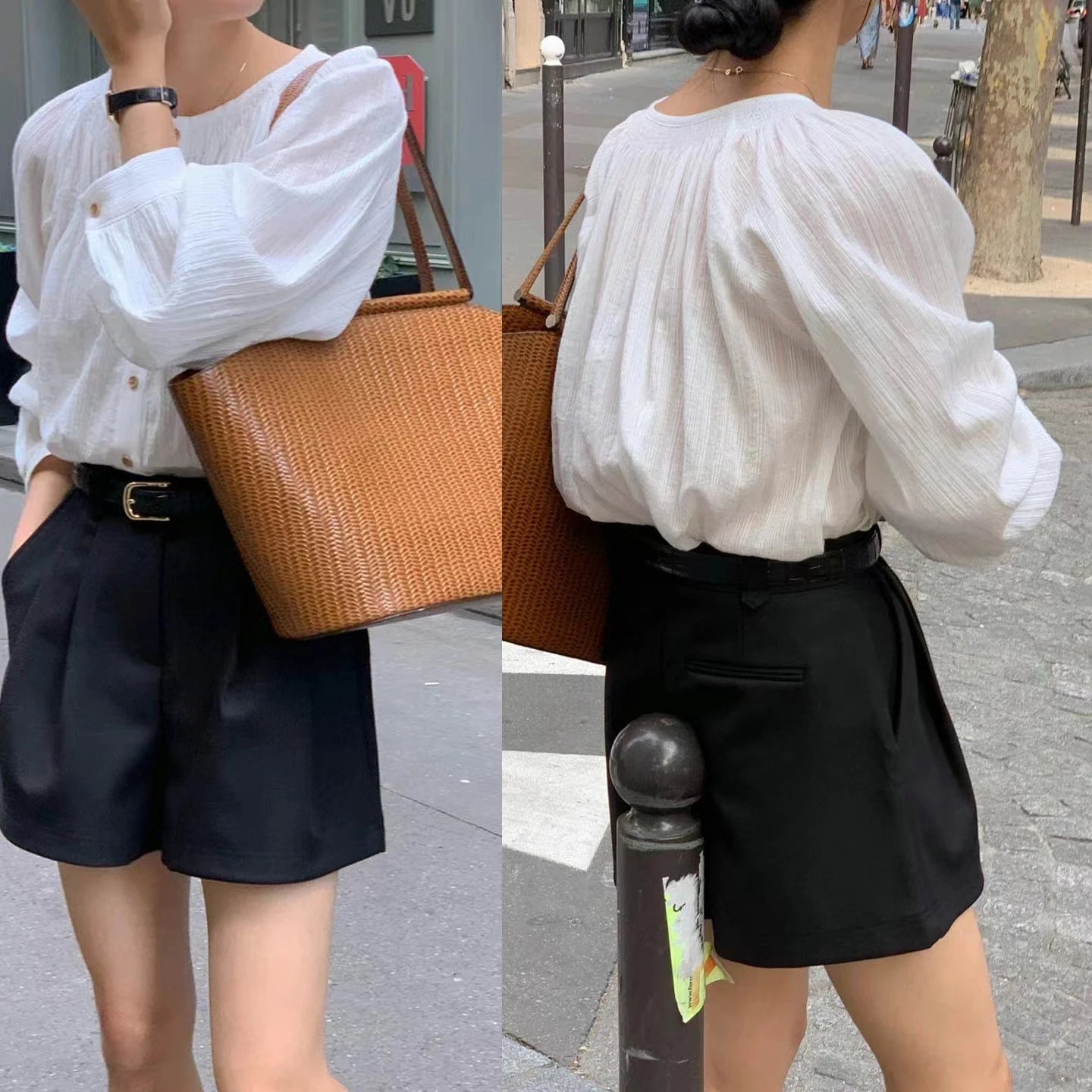 Bxoxo Retro Ele Gentle round Ne Pleated Long Sve irt Translucence Single Button Loose Fit Lantern Sve Pure Color Wome...