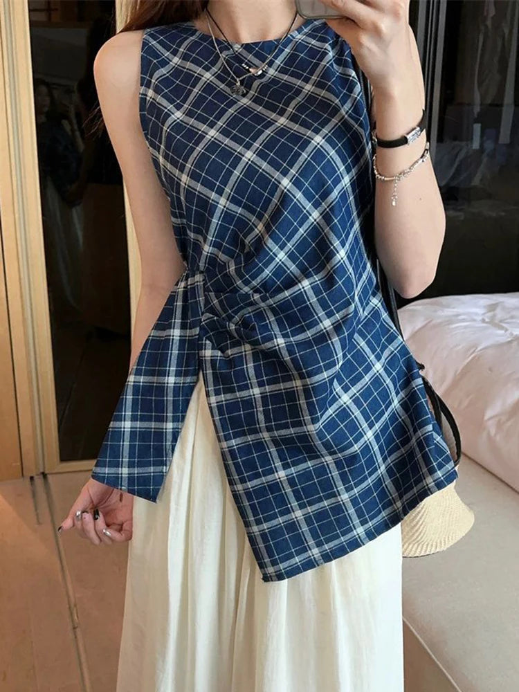 Bxoxo Vintage Slit Plaid Tanks Women Casual O Neck Sleeveless Korean Retro Tanks Summer Simple Design Female Elegant Tops New